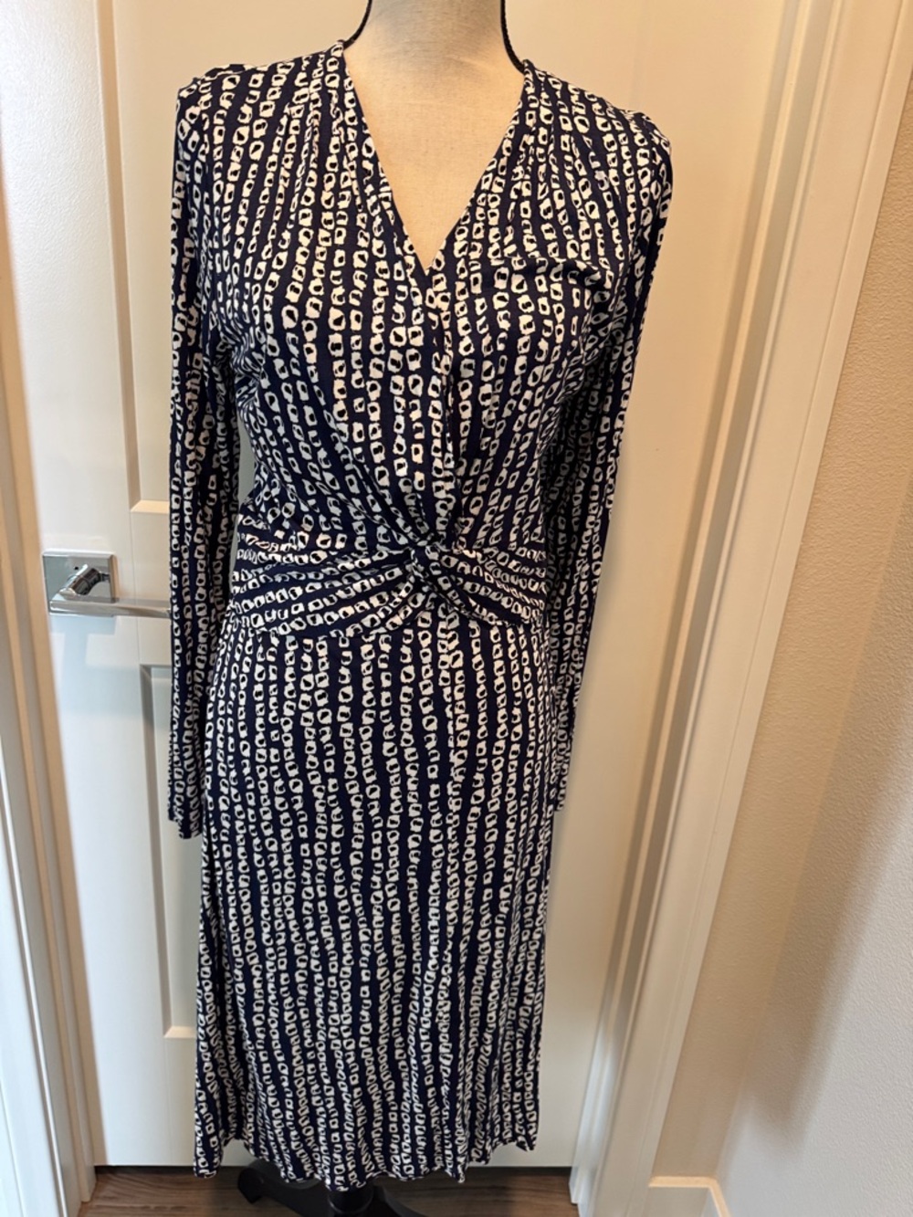 Hugo Boss Navy and White Long-Sleeve Wrap-Style Dress